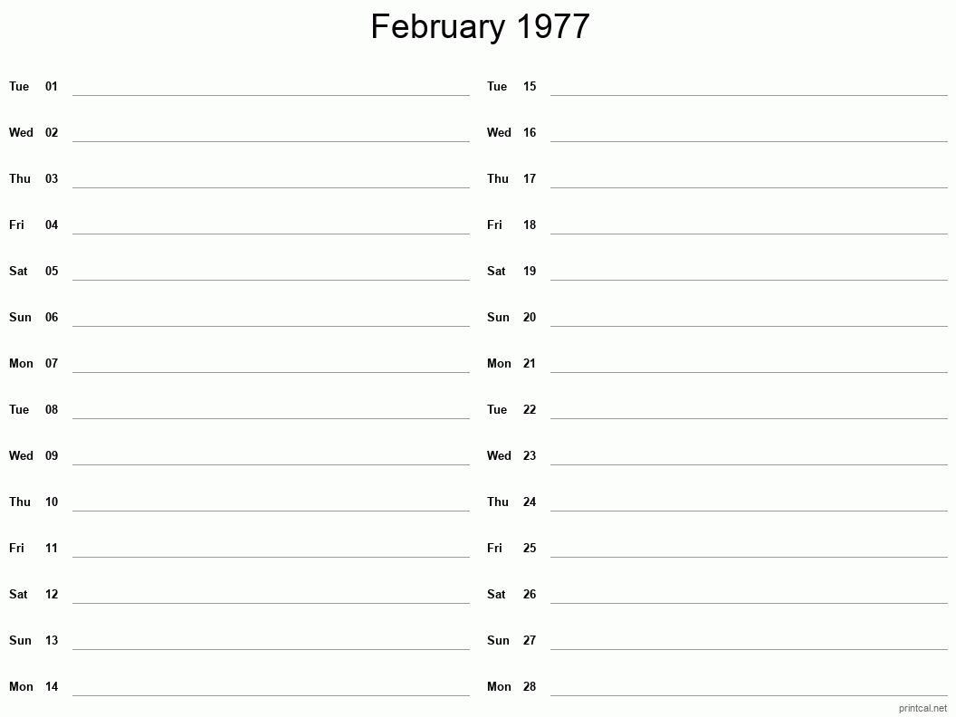 February 1977 Printable Calendar - Two Column Notesheet