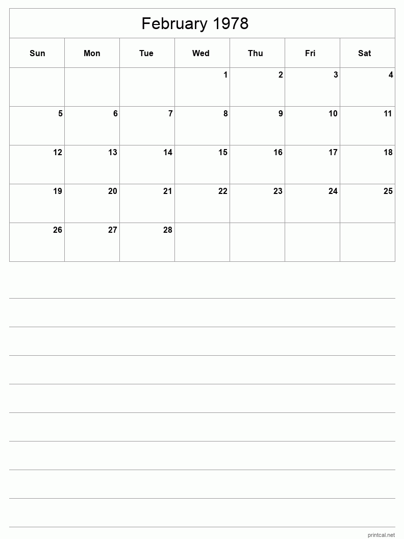 February 1978 Printable Calendar - Half-Page With Notesheet