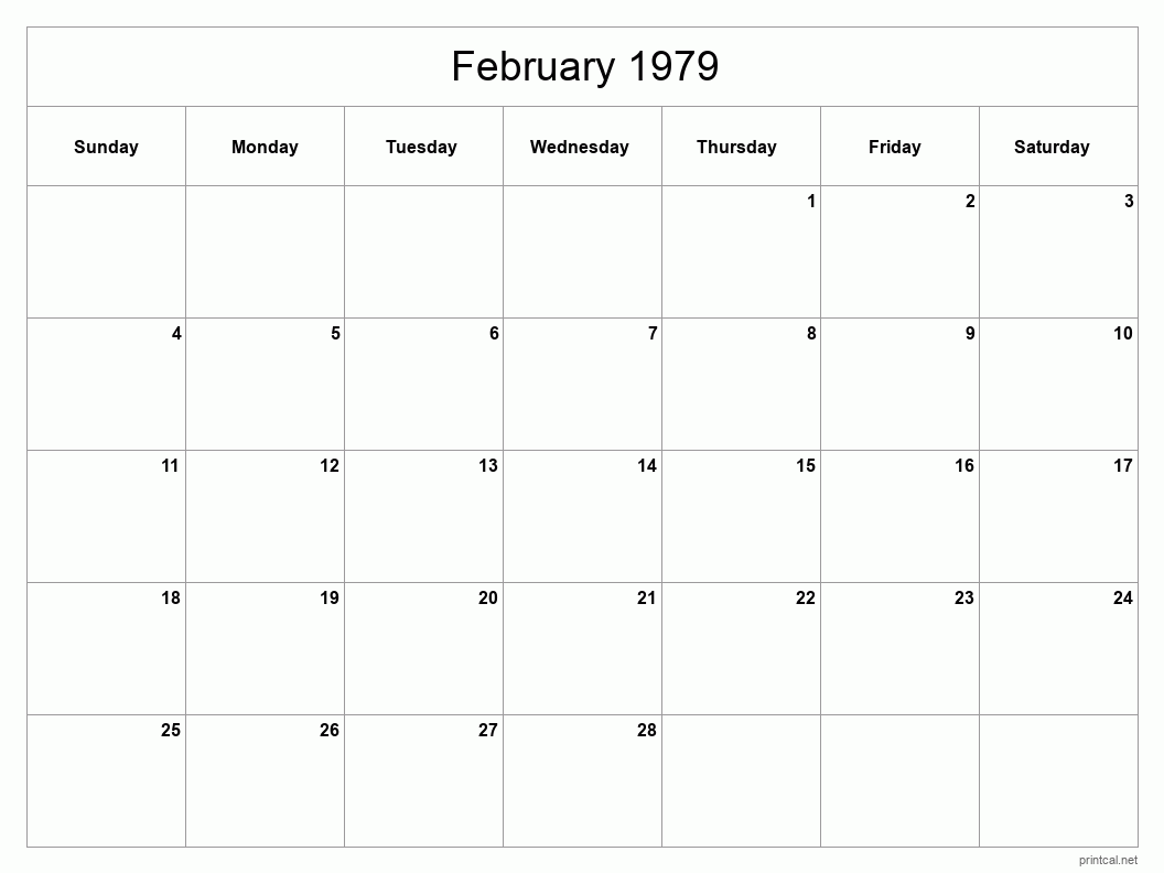 February 1979 Printable Calendar - Classic Blank Sheet