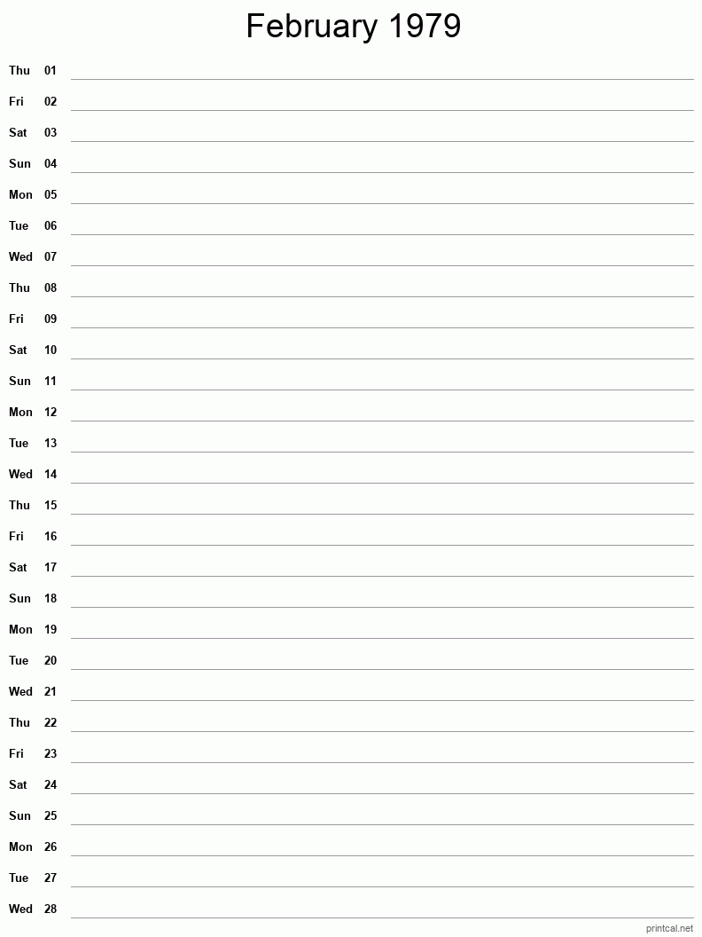 February 1979 Printable Calendar - Single Column Notesheet