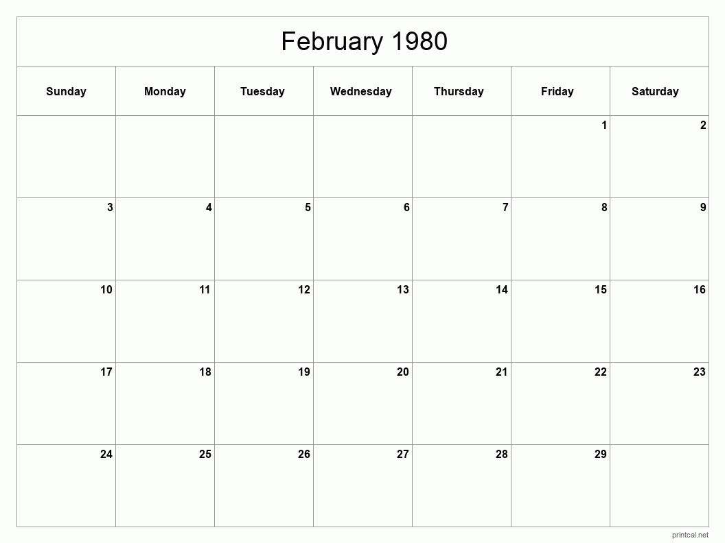 February 1980 Printable Calendar - Classic Blank Sheet