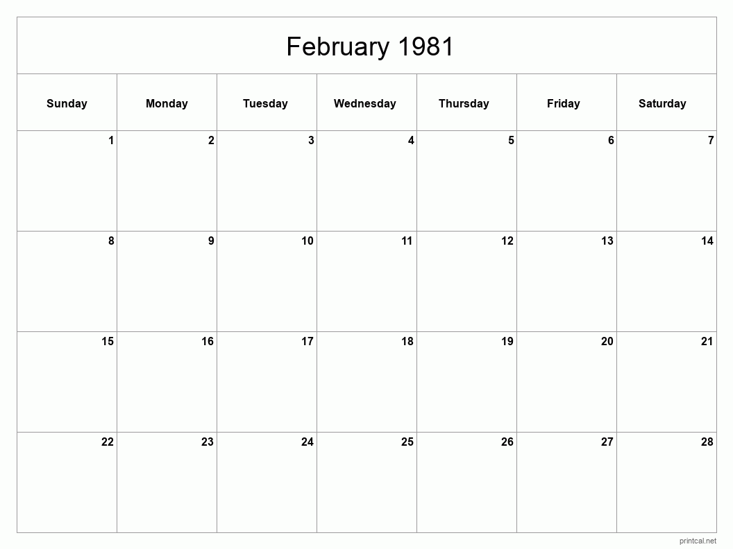 February 1981 Printable Calendar - Classic Blank Sheet