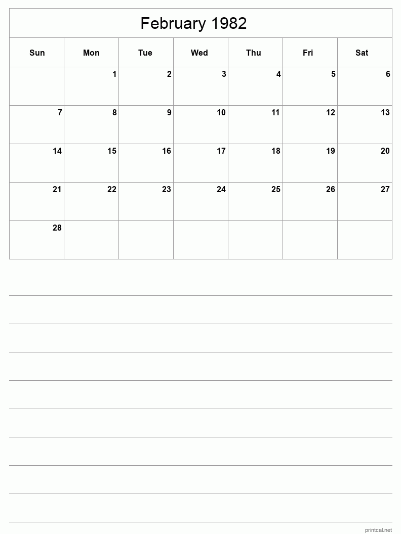 February 1982 Printable Calendar - Half-Page With Notesheet