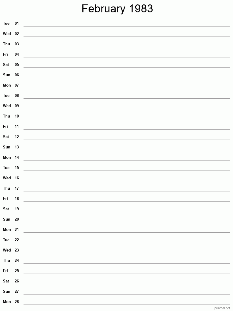 February 1983 Printable Calendar - Single Column Notesheet