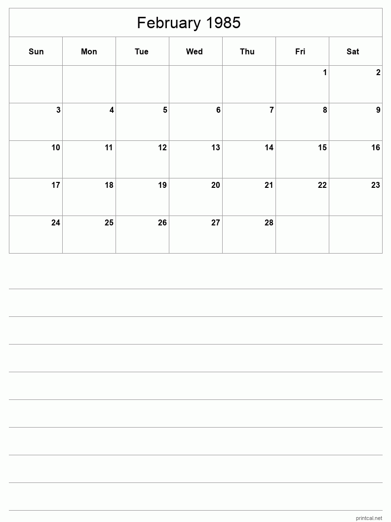 February 1985 Printable Calendar - Half-Page With Notesheet