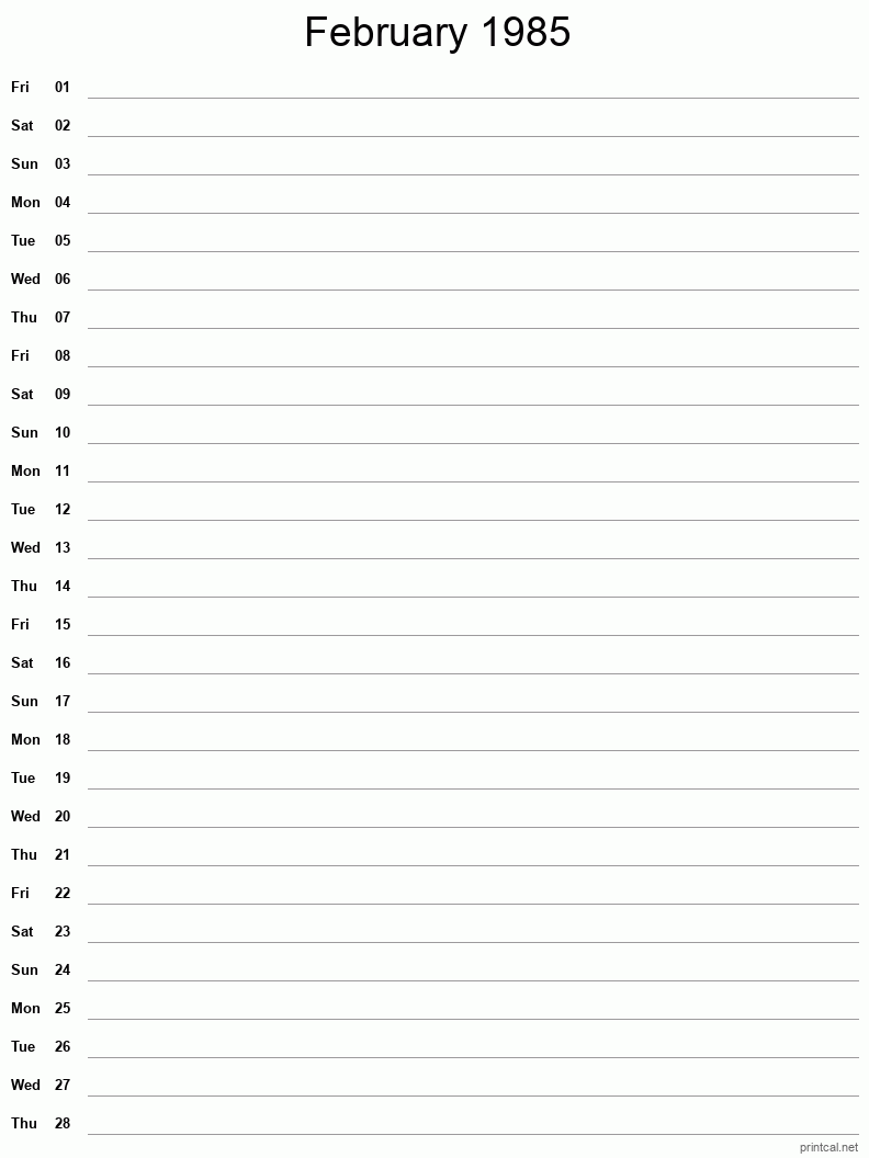 February 1985 Printable Calendar - Single Column Notesheet