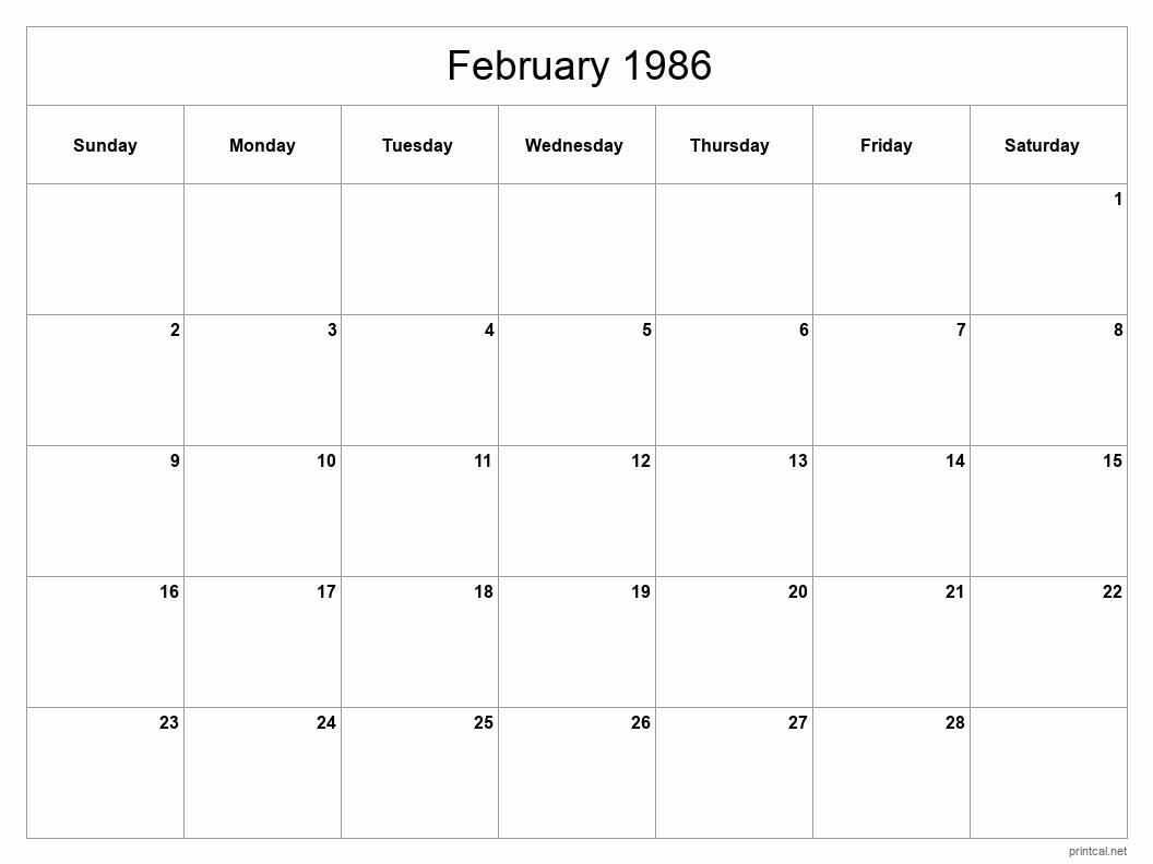 February 1986 Printable Calendar - Classic Blank Sheet