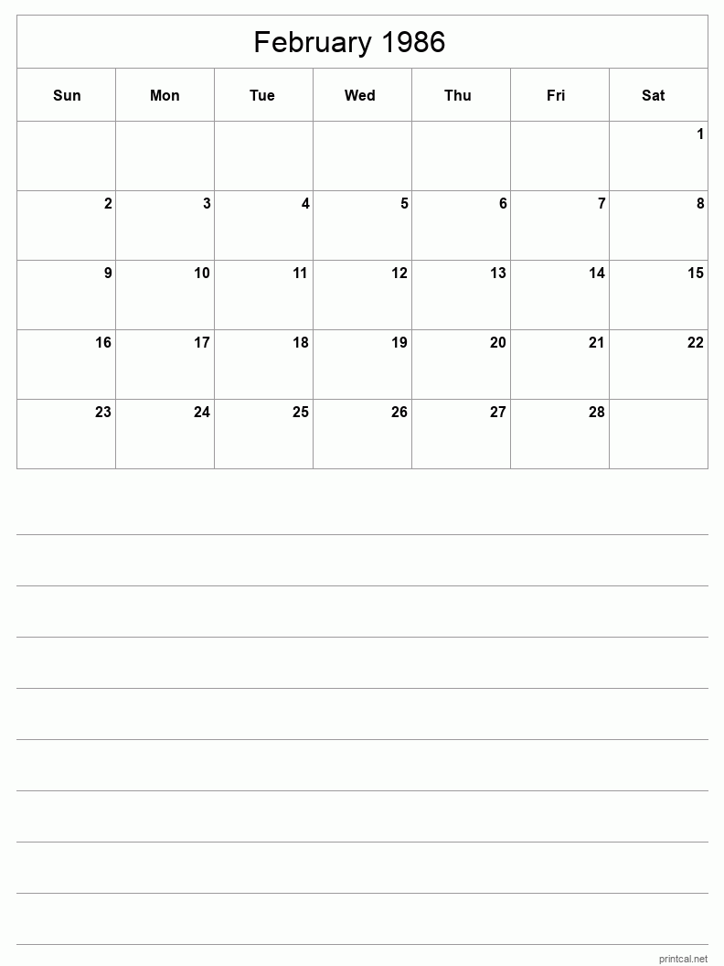 February 1986 Printable Calendar - Half-Page With Notesheet