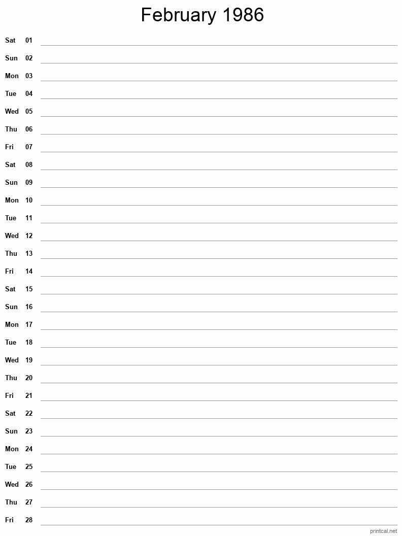 February 1986 Printable Calendar - Single Column Notesheet