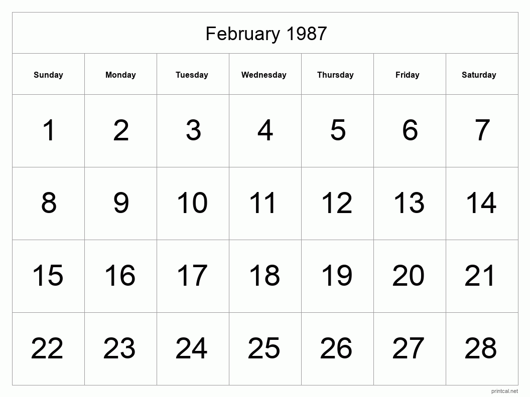 February 1987 Printable Calendar - Big Dates