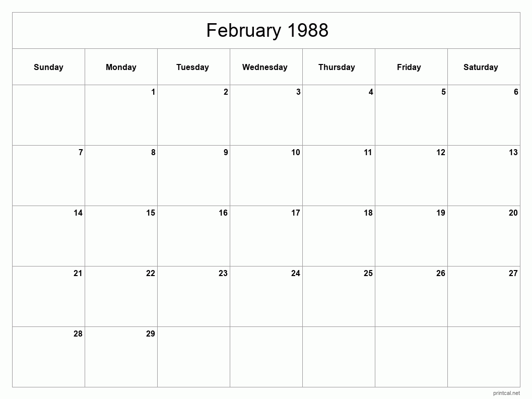 February 1988 Printable Calendar - Classic Blank Sheet