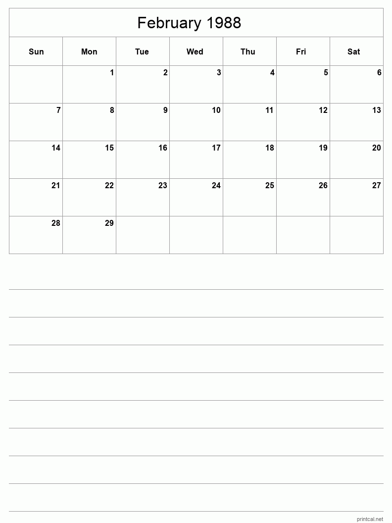 February 1988 Printable Calendar - Half-Page With Notesheet