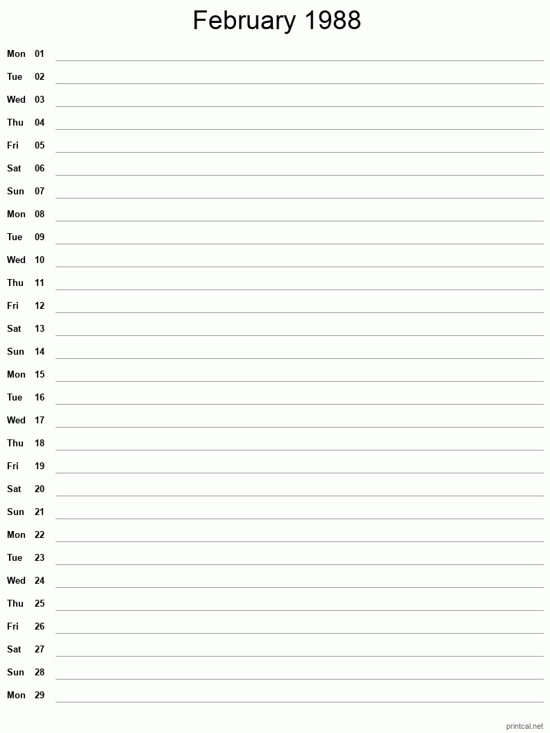 February 1988 Printable Calendar - Single Column Notesheet