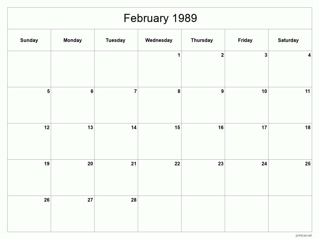 February 1989 Printable Calendar - Classic Blank Sheet