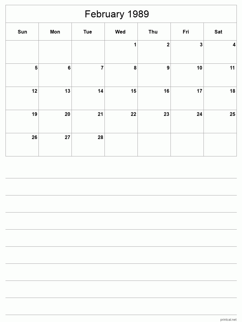 February 1989 Printable Calendar - Half-Page With Notesheet