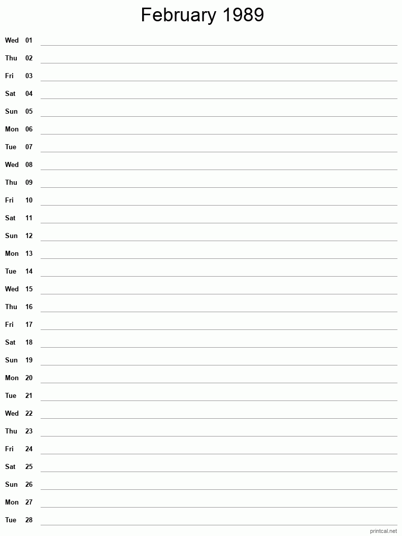 February 1989 Printable Calendar - Single Column Notesheet