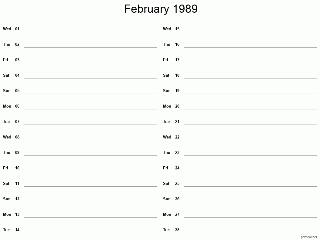 February 1989 Printable Calendar - Two Column Notesheet