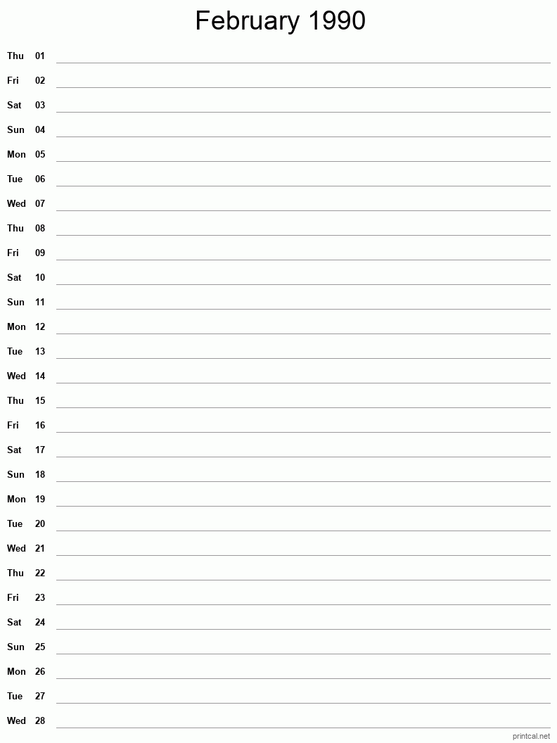 February 1990 Printable Calendar - Single Column Notesheet