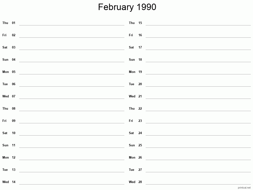 February 1990 Printable Calendar - Two Column Notesheet