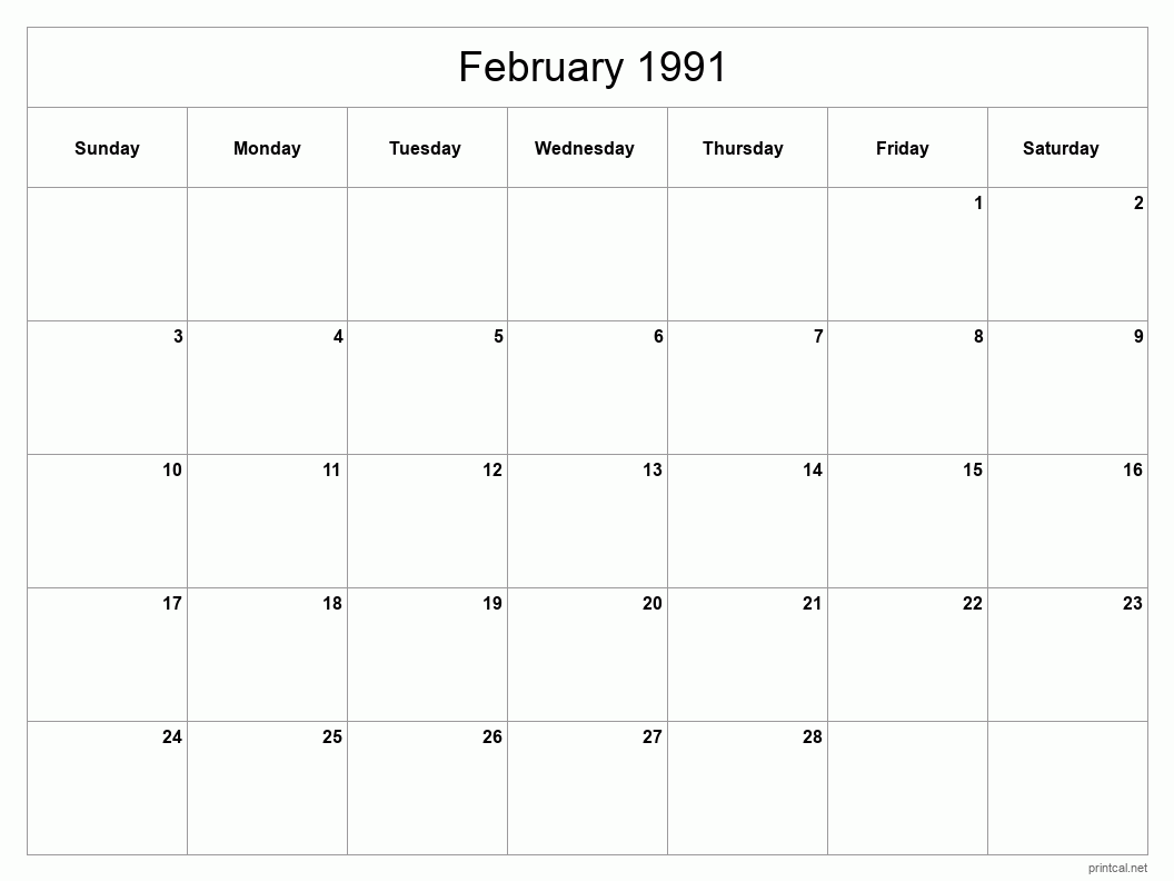 February 1991 Printable Calendar - Classic Blank Sheet