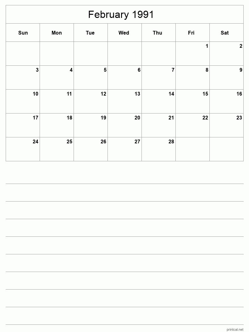 February 1991 Printable Calendar - Half-Page With Notesheet