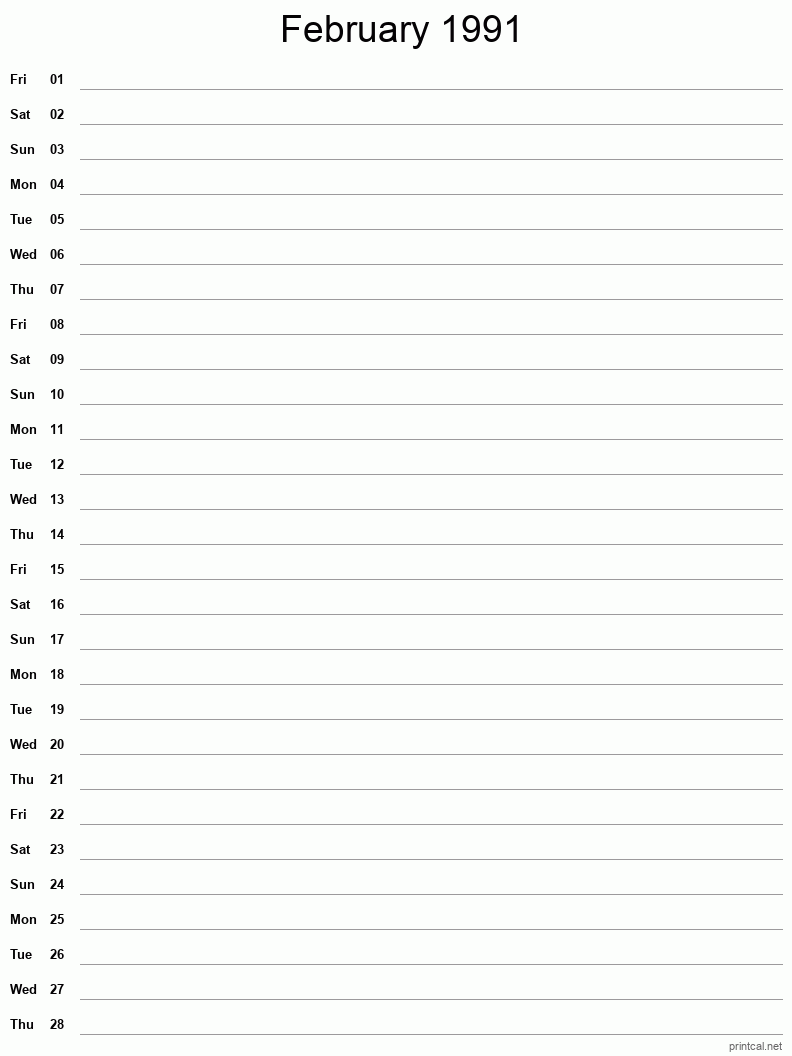 February 1991 Printable Calendar - Single Column Notesheet