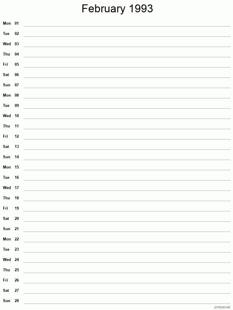 February 1993 Printable Calendar - Single Column Notesheet