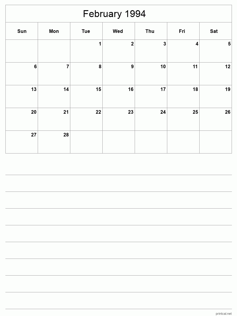 February 1994 Printable Calendar - Half-Page With Notesheet