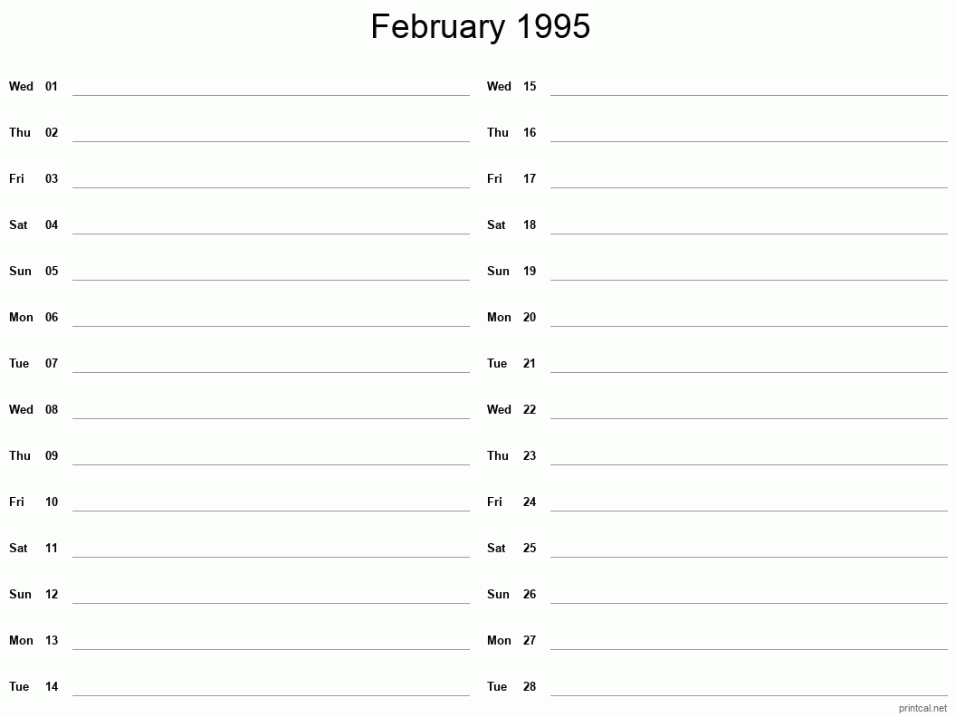 February 1995 Printable Calendar - Two Column Notesheet