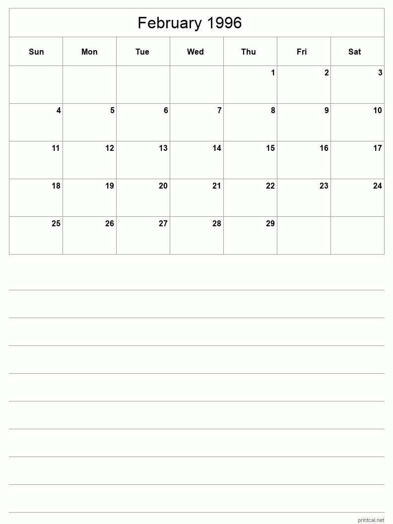 February 1996 Printable Calendar - Half-Page With Notesheet