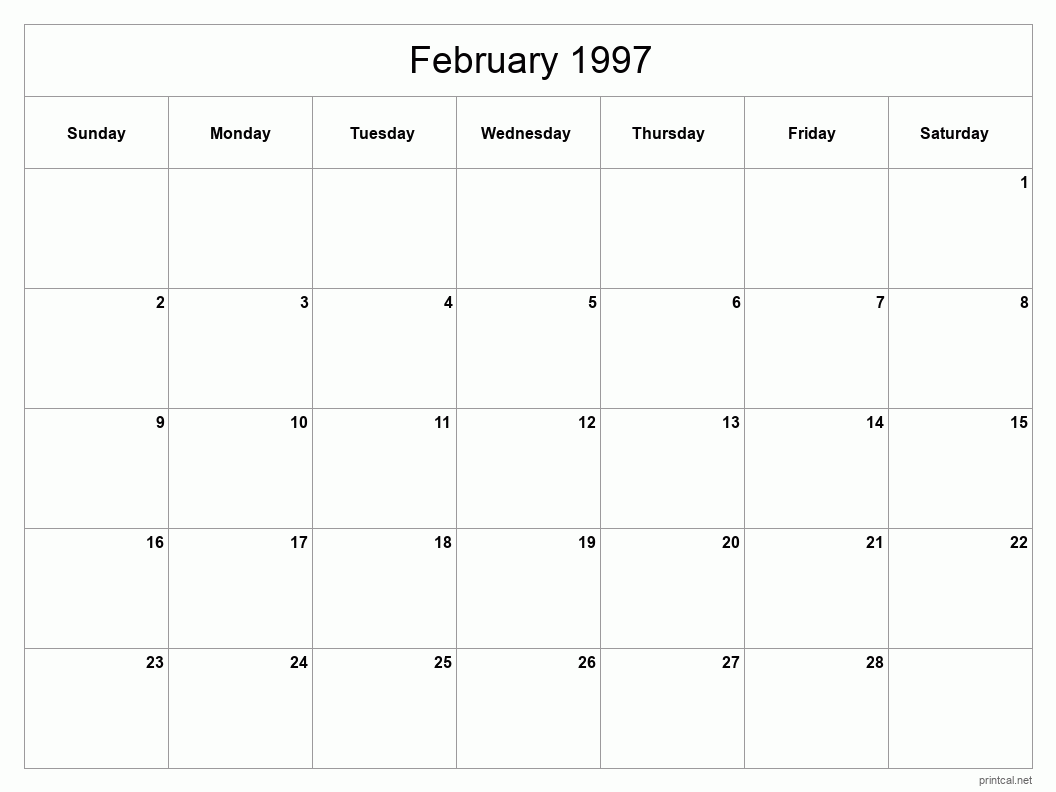 February 1997 Printable Calendar - Classic Blank Sheet