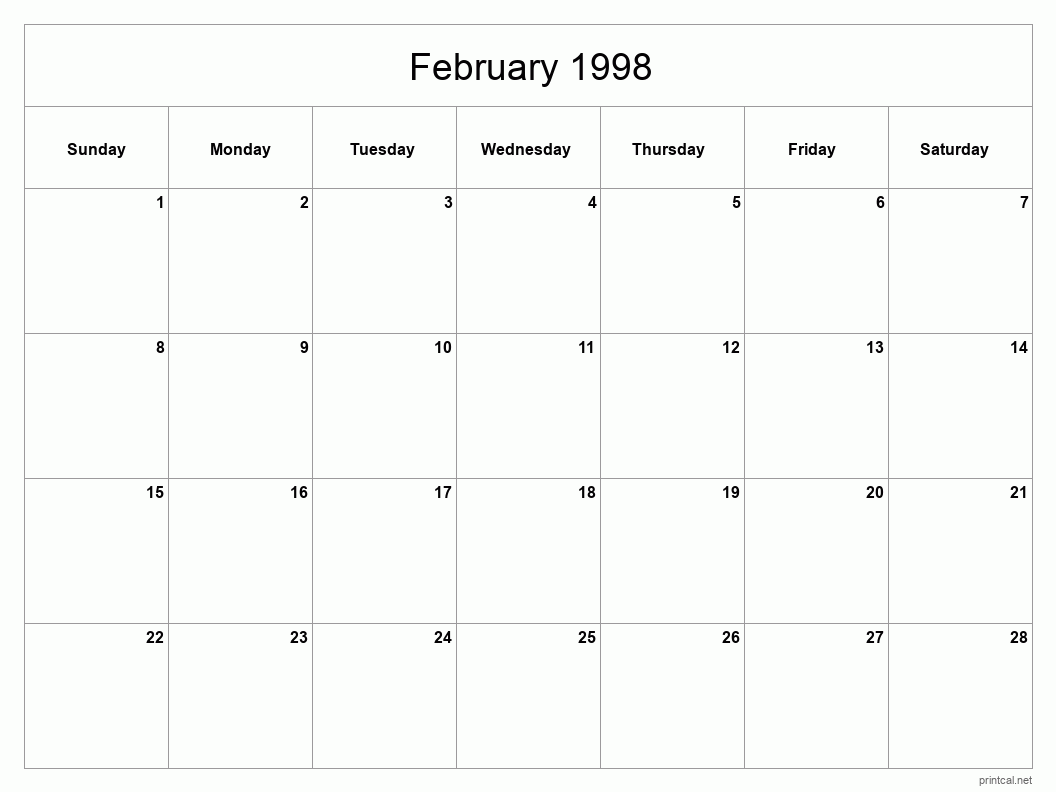 February 1998 Printable Calendar - Classic Blank Sheet