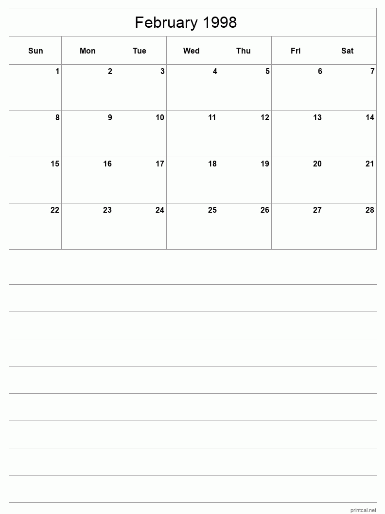 February 1998 Printable Calendar - Half-Page With Notesheet