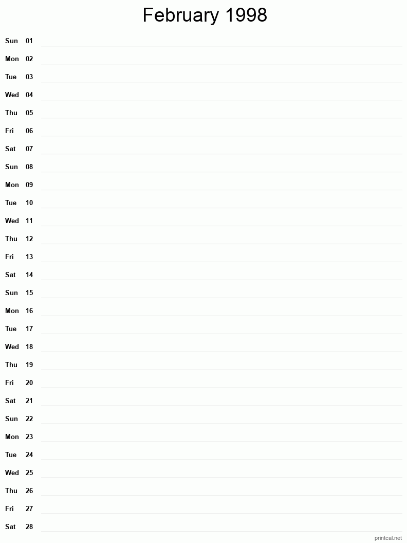 February 1998 Printable Calendar - Single Column Notesheet