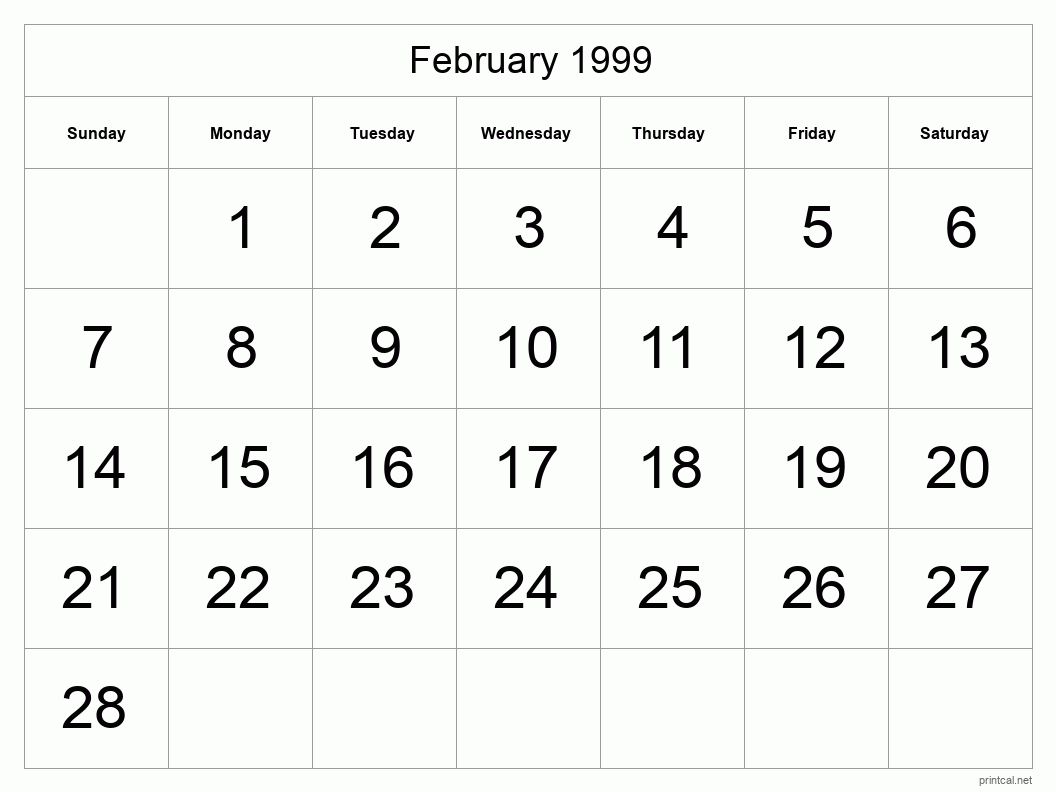 February 1999 Printable Calendar - Big Dates