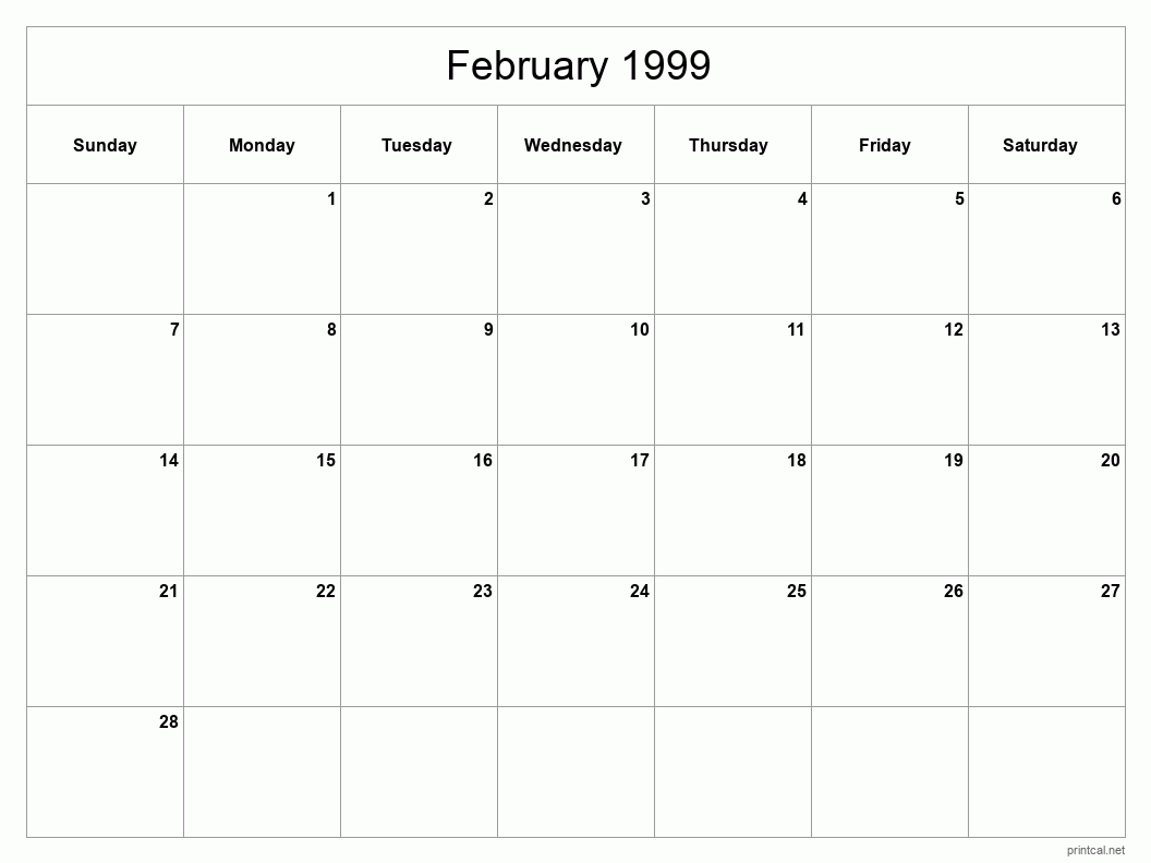 February 1999 Printable Calendar - Classic Blank Sheet