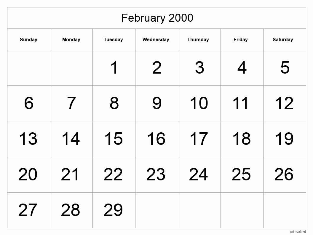 February 2000 Printable Calendar - Big Dates