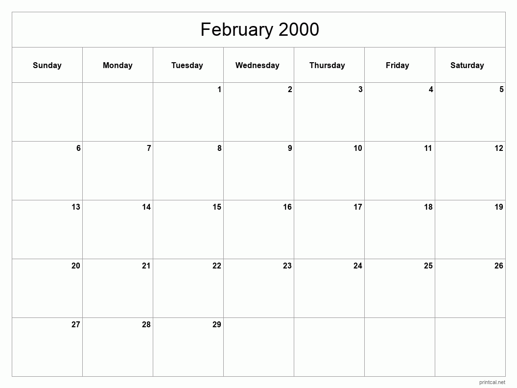 February 2000 Printable Calendar - Classic Blank Sheet