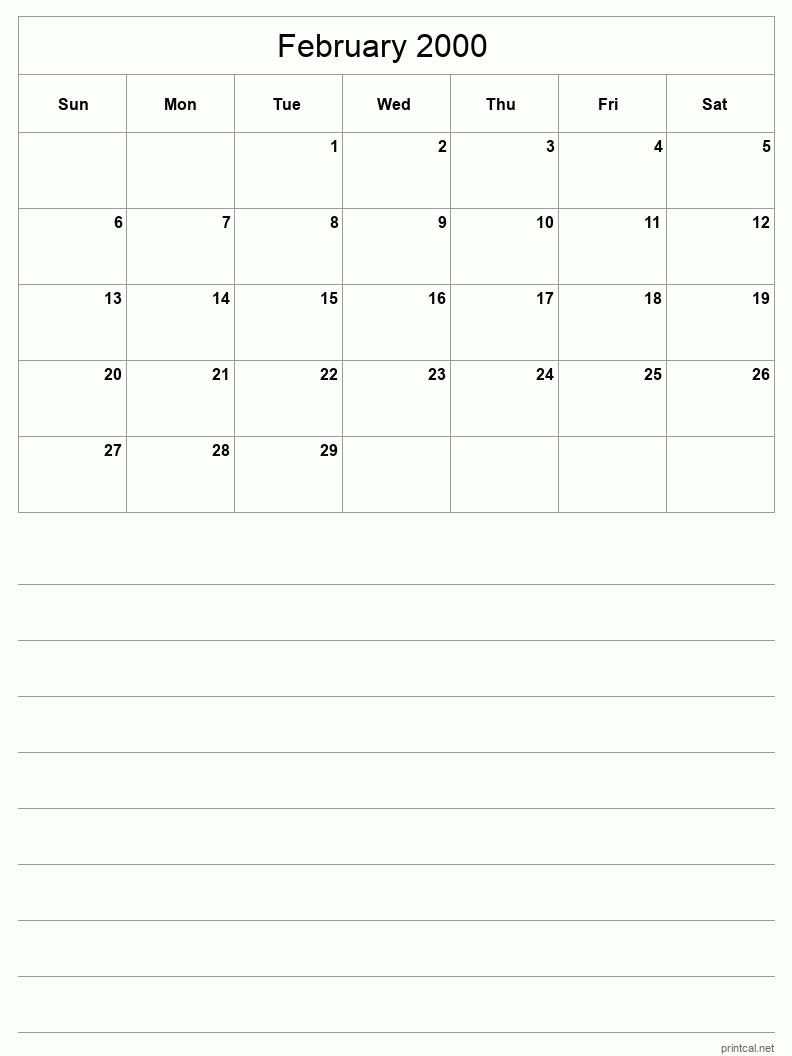 February 2000 Printable Calendar - Half-Page With Notesheet