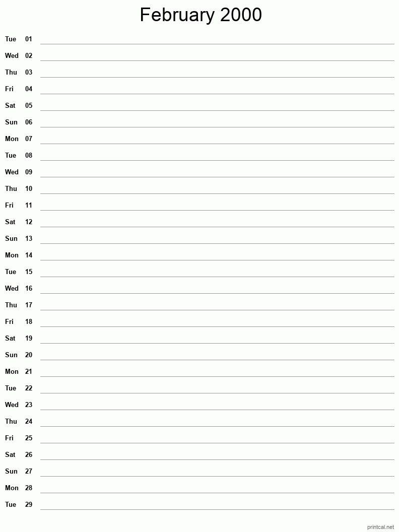 February 2000 Printable Calendar - Single Column Notesheet