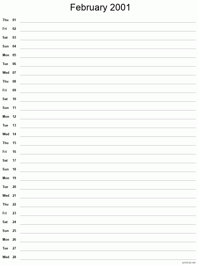 February 2001 Printable Calendar - Single Column Notesheet