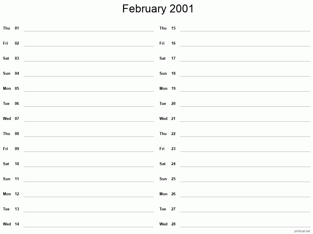 February 2001 Printable Calendar - Two Column Notesheet