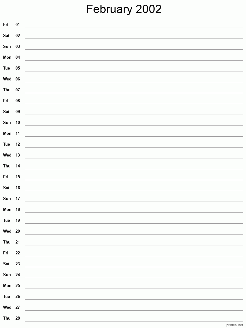 February 2002 Printable Calendar - Single Column Notesheet