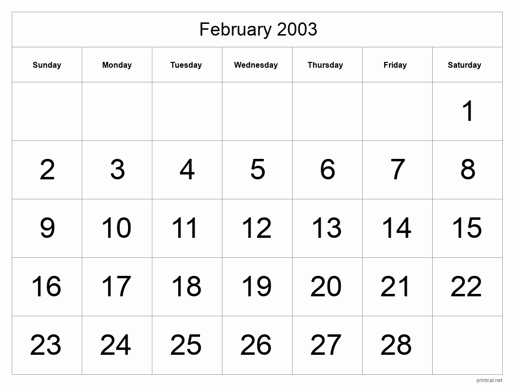 February 2003 Printable Calendar - Big Dates