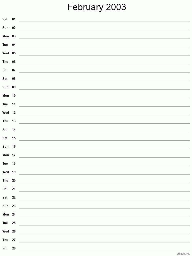 February 2003 Printable Calendar - Single Column Notesheet