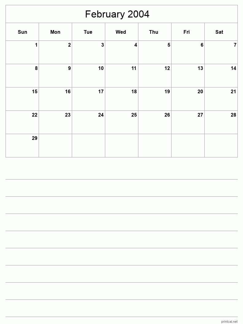 February 2004 Printable Calendar - Half-Page With Notesheet