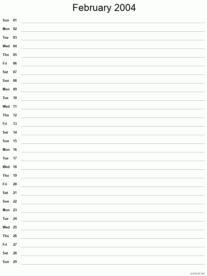 February 2004 Printable Calendar - Single Column Notesheet