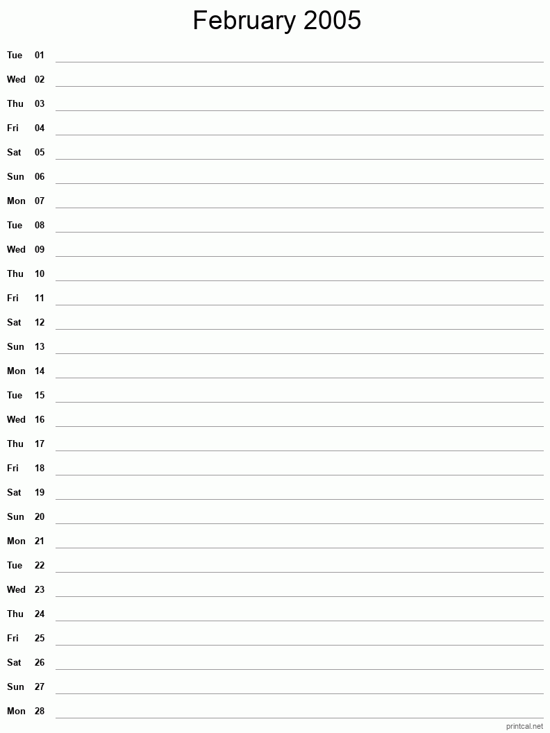 February 2005 Printable Calendar - Single Column Notesheet