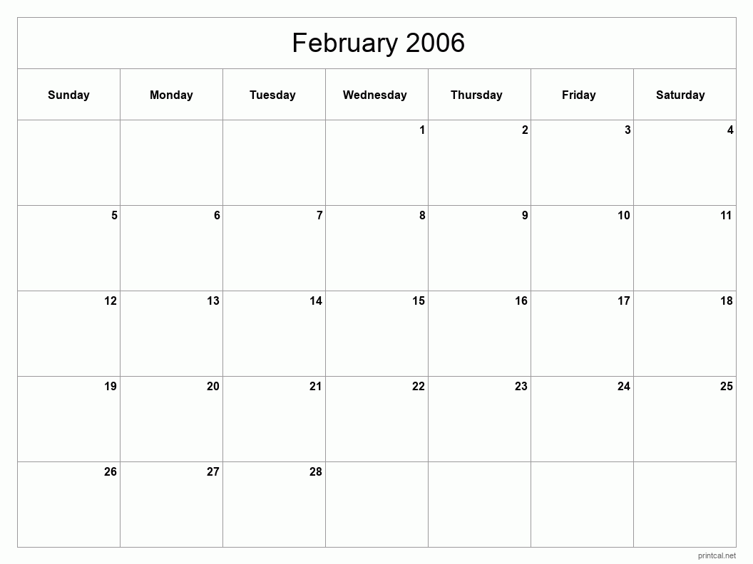 February 2006 Printable Calendar - Classic Blank Sheet