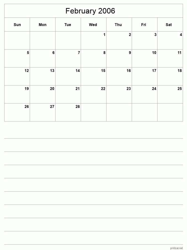 February 2006 Printable Calendar - Half-Page With Notesheet